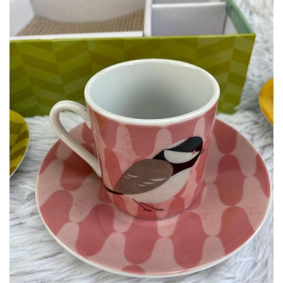 NEW Magpie Chirpy Whimsical Birds Set Of 4 Espresso Cups & Saucers - Picture 11 of 14